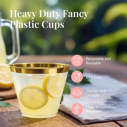 Prestee Hard Disposable Cups - Heavy Duty Fancy Plastic Cups - Plastic Cocktail Drinkware - Disposable Drinking Cup 9 oz - Bulk Drinking Glasses for Wedding - 200ct Gold Tumblers