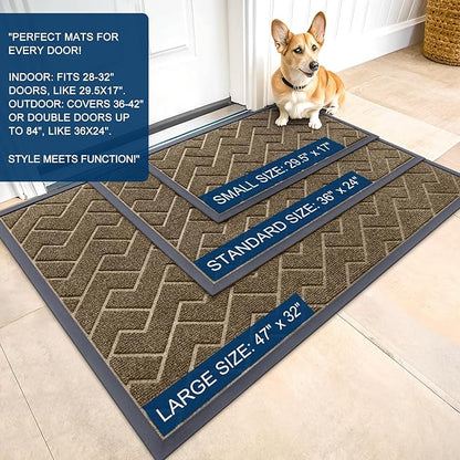 OLANLY Front Door Mat Indoor Outdoor Entrance, Waterproof All-Season, All-Weather Doormat, Sturdy Natural Rubber, Low Profile, Easy Clean Patio Porch Entryway Mat, Herringbone Brick (Brown, 59x35)
