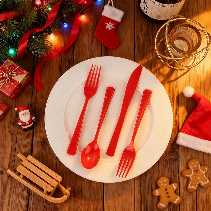 WDF 160 Piece Red Plastic Silverware - Heavy Duty Christmas Silverware of 80 Forks, 40 Spoons, 40 Knives - Red Plastic Utensils Perfect for Christmas Party & Daily Using