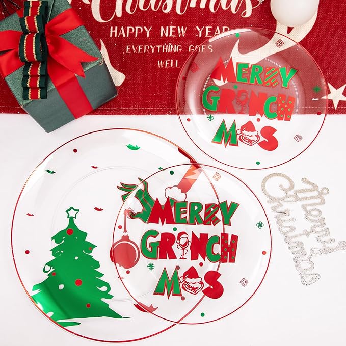 I00000 60Pcs Christmas Plastic Plates - Disposable Clear Plastic Plates Include 10.25'' Dinner Plate,7.5'' Dessert Plate for Christmas Party Supplies Wedding Birthday