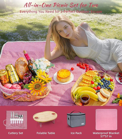 Picnic Basket for 2 with Table and Blanket Collapsible Cooler Bag Insulated Picnic Set for Beach Picnic Hamper Picnic Date Essentials for Outdoor Picnic Accessories Wedding Gift/Bridal Shower Gift