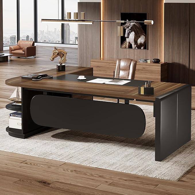 Tribesigns 80'' L-Shaped Desk Set of 6, Large Executive Office Desk with 55'' Drawers Cabinet, Modern Computer Table with Storage Shelves, Business Furniture for Office, Brown