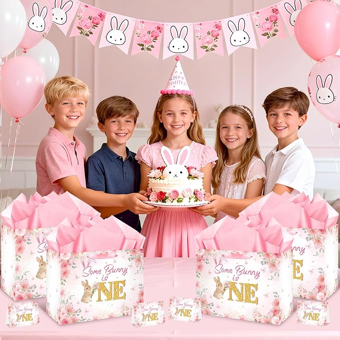 First Birthday Party Decorations for Girls Large Rabbit 1st Birthday Gift Bag Pink Bunny Floral Baby Shower Bag with Handles Tissue Paper Greeting Card for Christmas Some Bunny Is One Party Supplies