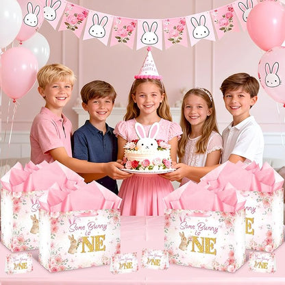 First Birthday Party Decorations for Girls Large Rabbit 1st Birthday Gift Bag Pink Bunny Floral Baby Shower Bag with Handles Tissue Paper Greeting Card for Christmas Some Bunny Is One Party Supplies