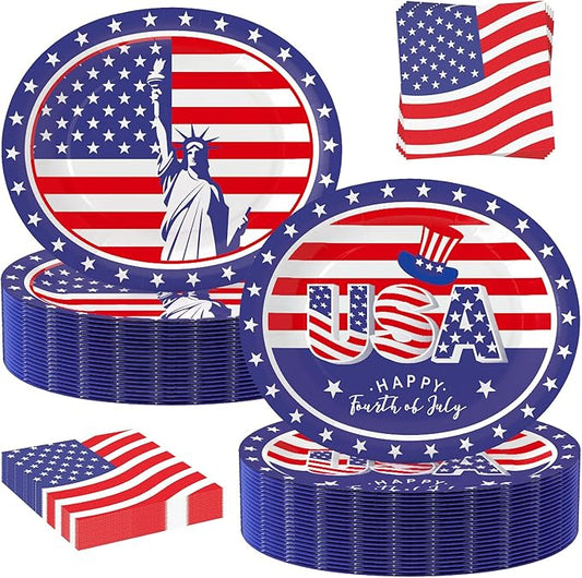 100Pcs 4th of July Oval Paper Plates and Napkins,10" x 12" Large Disposable Independence Day Plates for July Fourth Patriotic Party