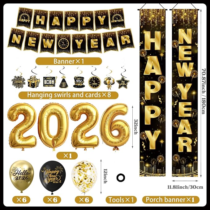 New Years Decorations 2026 - Happy New Years Eve Party Supplies Include Banner, Backdrop, Door Banner, Foil 2026 Balloons, Latex Balloons, Swirls for NYE Party Decorations