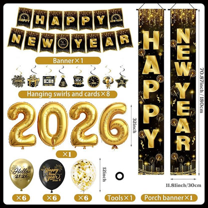 New Years Decorations 2026 - Happy New Years Eve Party Supplies Include Banner, Backdrop, Door Banner, Foil 2026 Balloons, Latex Balloons, Swirls for NYE Party Decorations