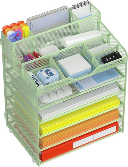 Docnest 6 Tier Mesh Desk Organizer for Paper Office Supplies – Multi-Functional Letter Tray with 5 Adjustable Compartments, 6 Pen Holders, Desktop Storage for Files, Mail, Stationery – Green
