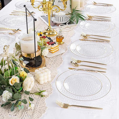 Rubtlamp 100Pcs Clear Gold Plastic Plates, Disposable Plates With Gold Rim, Heavy-duty Party Platos, Hammered Plastic Plates Include 50 Clear Dessert Platos, 50 Dinner Platos for Christmas