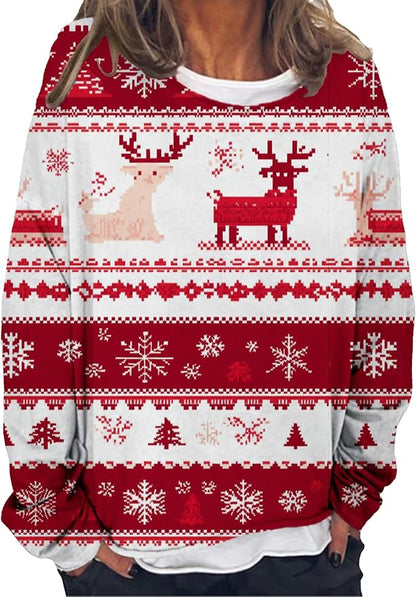 LOAIHA Christmas Shirts for Women Crewneck Snowman Snowflake Santa Graphic Shirts Christmas Tree Long Sleeve Xmas Hoodie