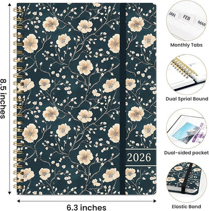 2026 Planner, Weekly and Monthly Planner for Women, Jan 2026 - Dec 2026 Pretty 2026 Calendar Planner with Monthly Tabs, Inner Pocket, Spiral Binding, Perfect for Office Home School - 6.3" x 8.5", Floral Vine