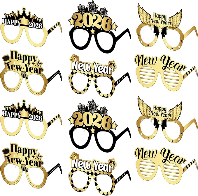 KatchOn, Happy New Years Glasses 2026 - Pack of 12 | New Year Photo Booth Props | New Year Party Glasses, Happy New Years Decorations 2026 | NYE Sunglasses, New Years Eve Party Supplies 2026