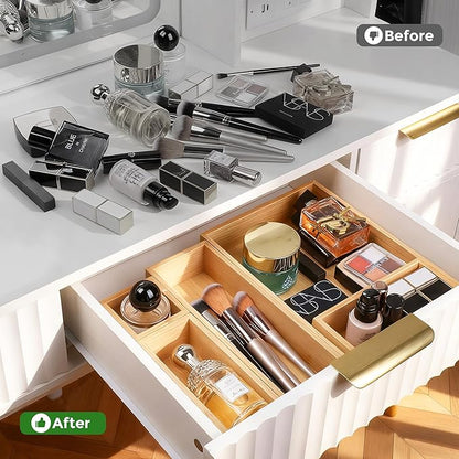 Bamboo Drawer Organizer Set, 14 PCS Multi-Use Individual Wood Storage Organizers, Junk Drawer Divider and Storage Trays Containers for Kitchen, Bathroom, Office Desk, Makeup, Jewelry, Utensils