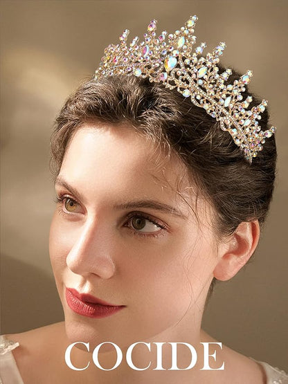 COCIDE Gold Tiara and Crown for Women Crystal Queen Crowns Princess Rhinestone Tiaras for Girl Bride Wedding Hair Accessories for Bridal Birthday Party Prom Halloween Costume Cosplay