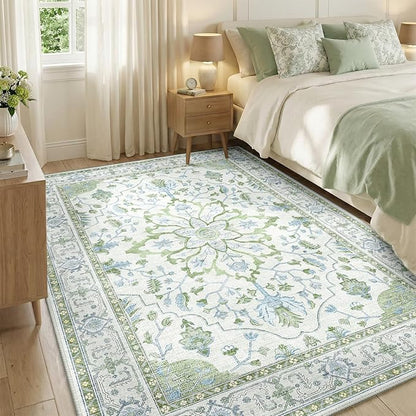 Area Rugs 5'x7' Washable Non-Slip, Floral Vintage Distress Print Pattern Medallion Carpet for Living Room Bedroom Dining Room, Green White Blue