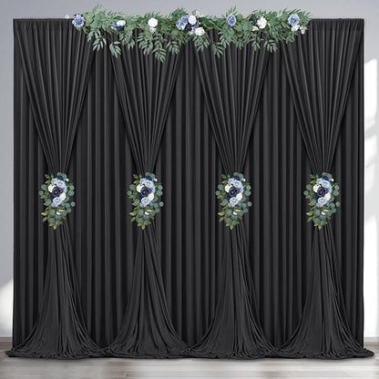32 x 10ft Black Backdrop Curtains for Party Photo Background Curtains (10'L x 4'W Each, 8 Panels) with Rod Pocket, Wrinkle-Free Polyester Backdrop Drapes for Birthday Prom Bachelorette RIP Events