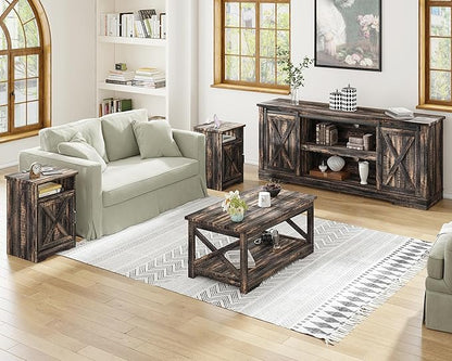 AMERLIFE 4-Piece Farmhouse Table Set Includes Sliding Barn Door TV Stand, Coffee Table& Two End Tables, Side Table with Charging Station and USB Ports, for Living Room, Dark Oak, 66"