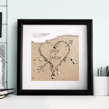 Let's Make Memories Personalized Printed Wall Art For Couples - Engagement, Wedding, Newlyweds, Anniversary - Home Decor - Heart in Sand - Framed Print - 16x16