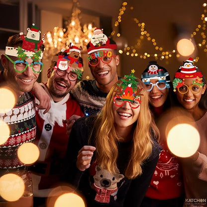 KatchOn, 12 Pcs Christmas Glasses and Hat Set | Christmas Photo Booth Props | Snowman Reindeer Headband and Holiday Eyeglasses | Christmas Decorations Indoor