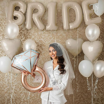 Cream White Bridal Shower party decorations with huge 40 Inch BRIDE letter Pearl Balloons BRIDE to be Sash Bridal Veil and Diamond Ring Heart shape Balloons For Bachelorette party Wedding supplies