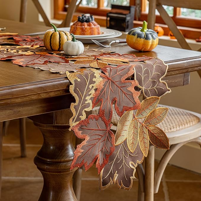 Joyfol Day Fall Thanksgiving Table Runner 14 x 33 Inches, Cutwork Embroidered Brown Maple Leaves Table Runners, Autumn Rust Dresser Scarf for Harvest Party Dinner Seasonal Decoration