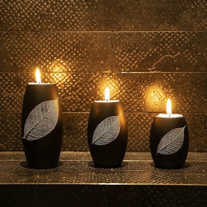 IYARA CRAFT Candle Holder Set with Tray – 3 Handmade Wood Tealight Holders, Black Leaf Design, Winter Home Décor, Spa-Inspired Holiday Centerpiece & Elegant for Women, Mom, Housewarming