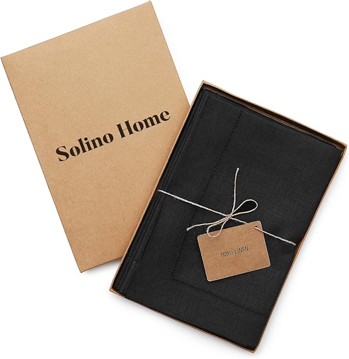 Solino Home Black Linen Napkins Set of 4-100% Pure Linen Hemstitch Dinner Napkins 20 x 20 Inch for Fall, Autumn, Winter, Christmas, Holiday, New Year - Classic Hemstitch