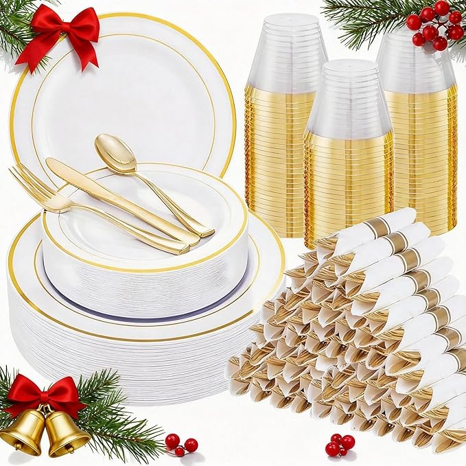 WELLIFE 700 Pcs Gold Plastic Plates for 100 Guests - Disposable Dinnerware Set,Christmas Party Supplies Includes 200 Gold Plates,300 Plastic Silverware,100 Napkins,100 Cups for Party and Christmas