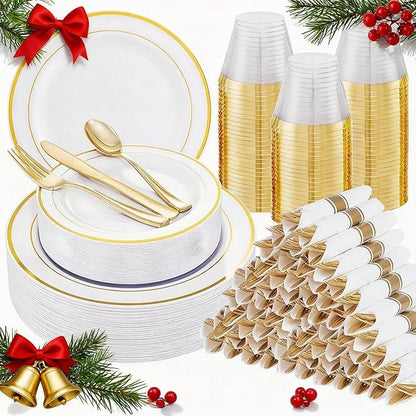 WELLIFE 700 Pcs Gold Plastic Plates for 100 Guests - Disposable Dinnerware Set,Christmas Party Supplies Includes 200 Gold Plates,300 Plastic Silverware,100 Napkins,100 Cups for Party and Christmas