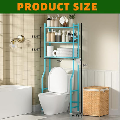 3-Tier Over Toilet Storage with Anti-Tilt Safety System - 150lb Total Capacity Metal Bathroom Shelves Including Paper Holder & 4 Hooks, Space Saving Above Commode Organizer (64" H, Blue)