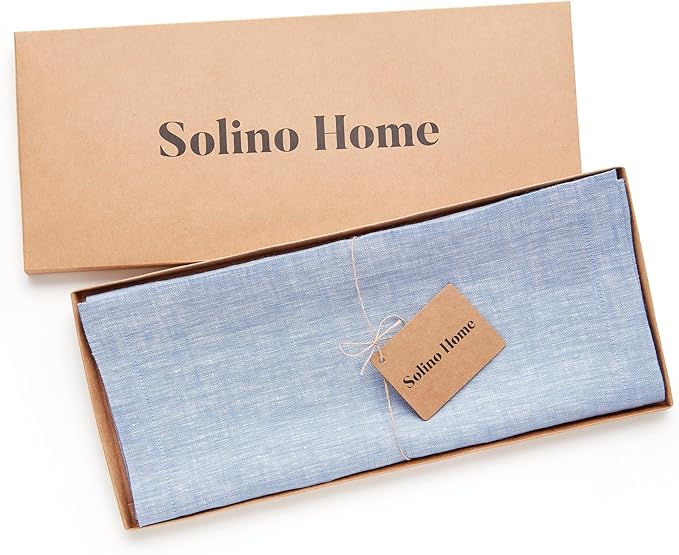 Solino Home Linen Table Runner 90 Inches Long - Athena, 100% Pure Linen Chambray Blue Table Runner 14 x 90 Inch for Dining, Christmas, Winter, New Year