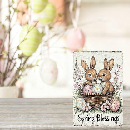 Easter Tin Sign Rabbit Spring Blessing Vintage Metal Sign Retro Easter Decor for Home Living Room Yard Garden Wall Decor 8x12Inch