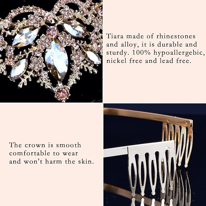 Gold Tiara for Women Champagne Crown for Girls with Comb Wedding Princess Birthday Crystal Rhinestones Headbands for Prom Bridal Party Halloween Costume Christmas Gift