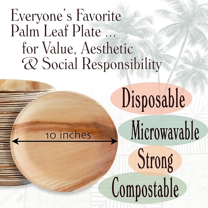 Disposable Palm Leaf Plates - 100 Pack - 10 Inch Round - Compostable & Biodegradable - Heavy Duty, Eco-Friendly, Microwave Safe - Like Bamboo Plates - Perfect for Events & Parties