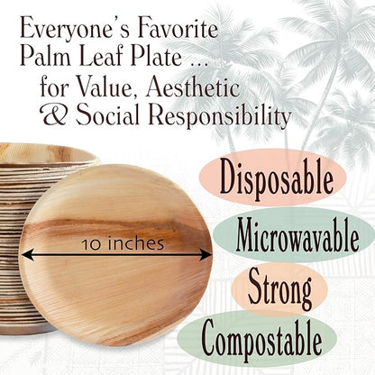 Disposable Palm Leaf Plates - 50 Pack - 10 Inch Round - Compostable & Biodegradable - Heavy Duty, Eco-Friendly, Microwave Safe - Like Bamboo Plates - Perfect for Events & Parties