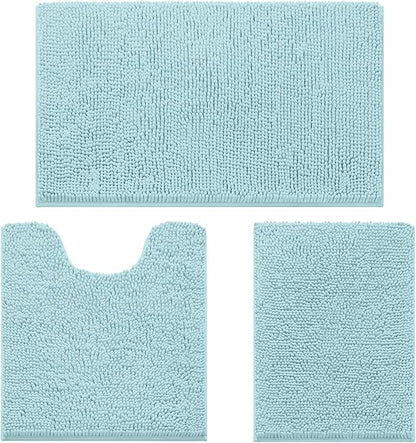 HOMEIDEAS 3 Pieces Bathroom Rugs, Ultra Soft Non Slip Absorbent Chenille Toilet Bath Mat Set (Light Blue)