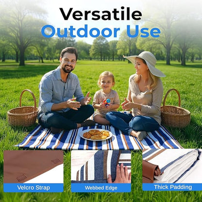 scuddles Blue Extra Large Picnic Blanket 78x59 Inch Waterproof Outdoor Mat Soft 3 Layer Acrylic Sponge PEVA Foldable with Carry Strap Lightweight Compact for Beach Camping Hiking Travel Family Use