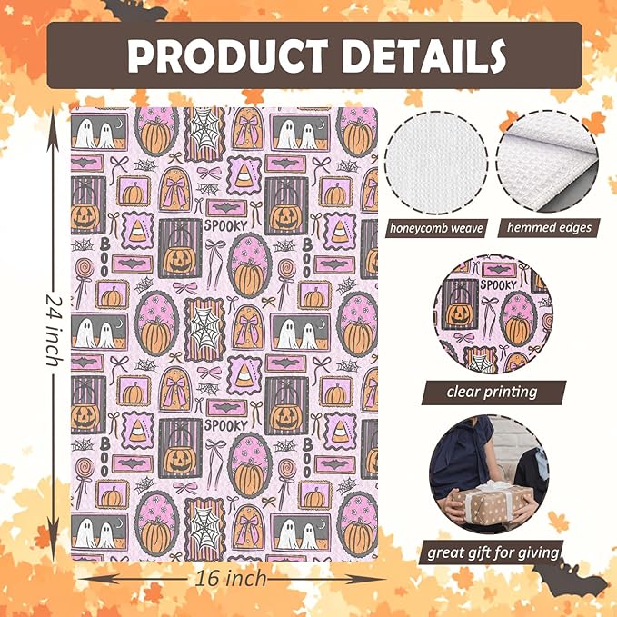 Pink Halloween Kitchen Towels, for Women Girls Dish Tea Towels for Kitchen Decor, Preppy Gothic Ghost Pumpkin Decorative Hand Towel for Bathroom, 16x24 Inches