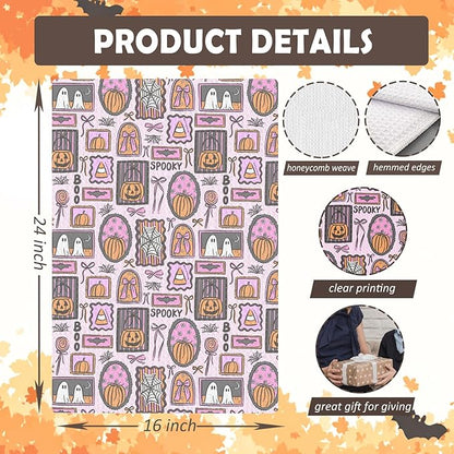 Pink Halloween Kitchen Towels, for Women Girls Dish Tea Towels for Kitchen Decor, Preppy Gothic Ghost Pumpkin Decorative Hand Towel for Bathroom, 16x24 Inches