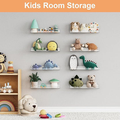 upsimples 14 Pack Acrylic Shelves Wall Organizer and Storage, 15" Display Shelf for Figure, Toy Cars, Perfume, Kids Bookshelf for Bedroom, Nursery, Craft Room, Clear