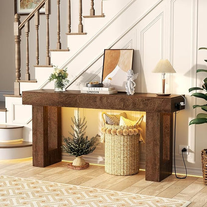 Unikito 63'' Farmhouse Console Table with Power Outlets and Sensor Light, Wooden Entryway Table with Storage, Rectangular Sofa Tables Behind The Couch for Entrance, Hallway, Living Room,