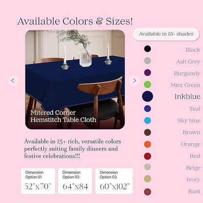 Indigo Blue 100% Cotton Tablecloth, Table Cover 52x70 Inch, Fits 4-6 Seats, Soft, Durable, Washable, Wrinkle Resistant, Rectangle Table Cloth for Dining, Birthdays, Summer Gatherings