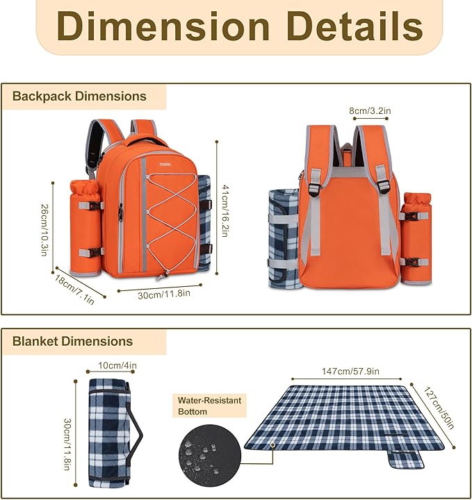 Picnic Backpack for 2 Persons with Insulated Leakproof Cooler Compartment, Cutlery Sets, Wine Holder, Fleece Blanket, Wedding Gifts for Couples, Perfect for Beach, Camping, Hiking, Orange