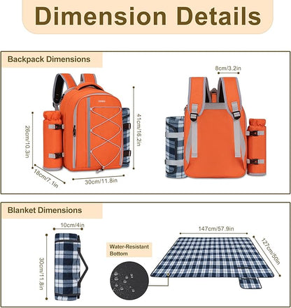 Picnic Backpack for 2 Persons with Insulated Leakproof Cooler Compartment, Cutlery Sets, Wine Holder, Fleece Blanket, Wedding Gifts for Couples, Perfect for Beach, Camping, Hiking, Orange