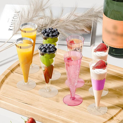 100 Pack Plastic Champagne Flutes Gold Rim Disposable Champagne Glasses, 4.5 Oz Mimosa Glasses Bulk Cocktail Toasting Cups for Party Supplies Wedding Bride Bar, Copas De Plastico Para Brindis