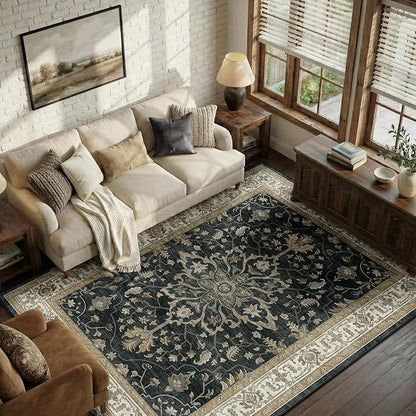 Area Rugs 6'x9' Washable Non-Slip, Floral Vintage Distress Print Pattern Medallion Carpet for Living Room Bedroom Dining Room, Vintage Black Brown Neutral