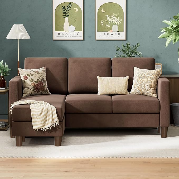 VICTONE Convertible Sectional Sofa Couch, 3 Seat L-Shaped Sofa with Linen Fabric Ottoman Small Couch for Small Apartments, Living Room and Office (Linen Fabric, Brown)