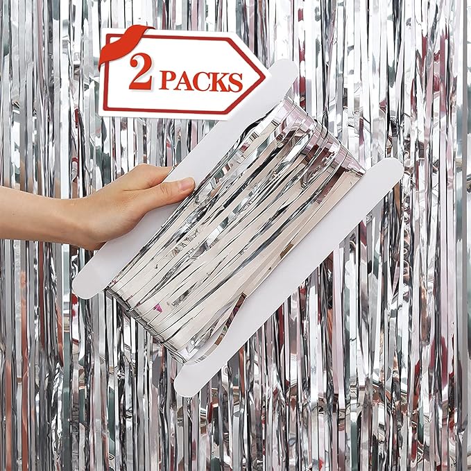 2 Pcs Silver Metallic Tinsel Foil Fringe Curtains Backdrop, 3.28 ft x 6.56 ft Streamers for Birthday Wedding Engagement Bachelorette Party Photo Booth Bridal Shower Baby Shower Decorations Supplies
