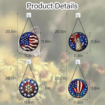 Stained Glass Window Hanging 4 Pcs Set Red Blue Flag Freedom Theme Large 11.8" - Suncatcher Door Garden Sun Catcher Decor Birthday Christmas for Mom Woman Nana Men Friend