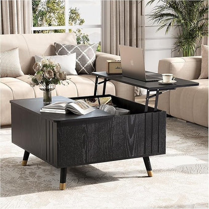 32" Square Lift Top Coffee Table with Storage, Modern Black Center Table for Living Room, Minimalist Wood Cocktail Table with Rising Desktop, Home Office